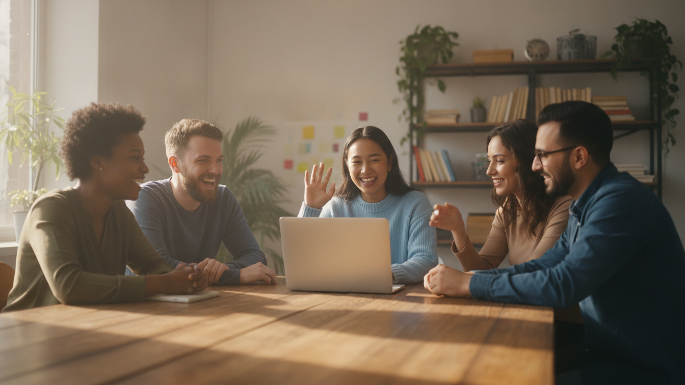 A diverse team smiling and waving around a laptop while recording a friendly welcome clip in a warm office