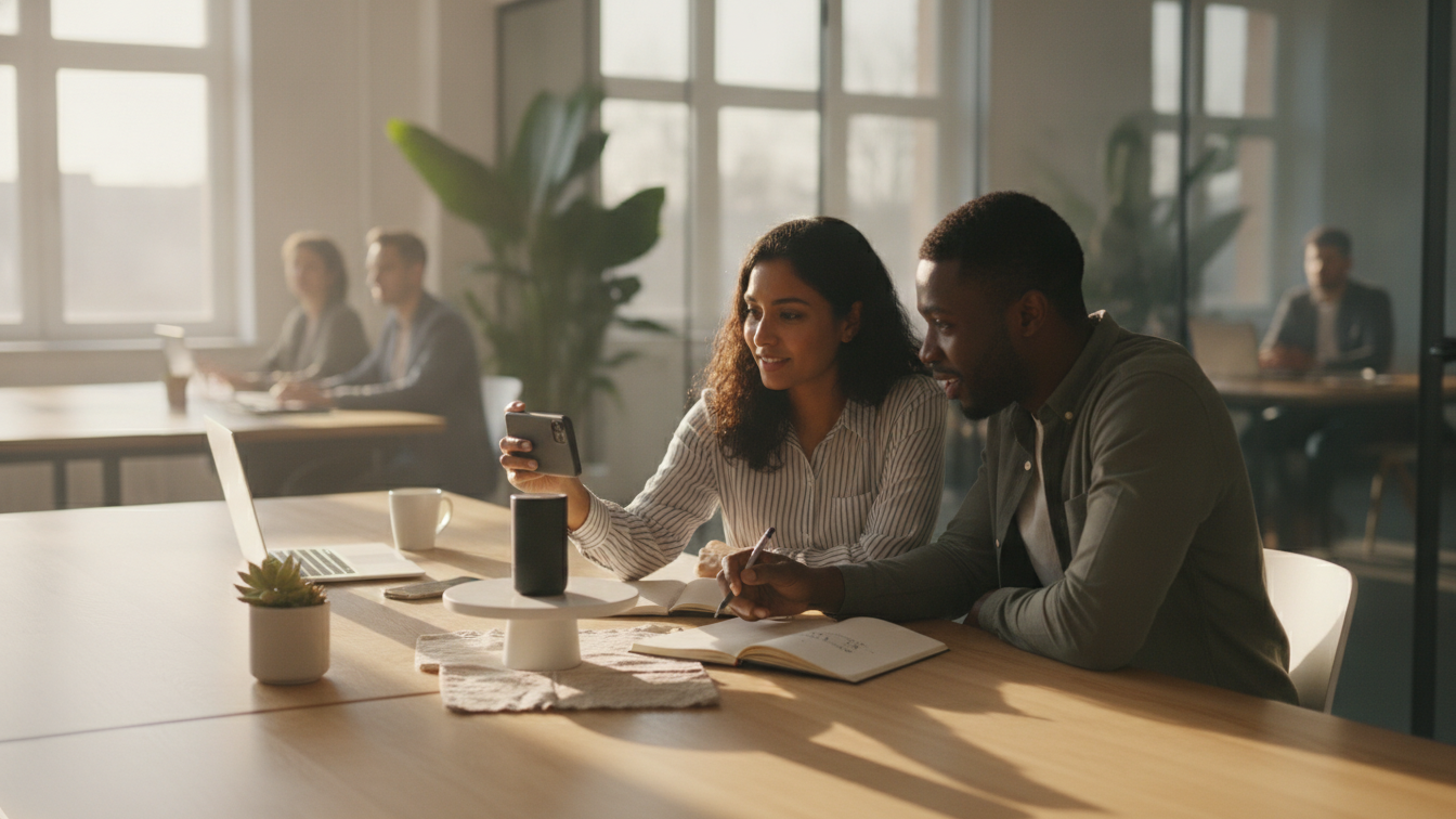 Two coworkers filming a small product with a smartphone to create a promo video