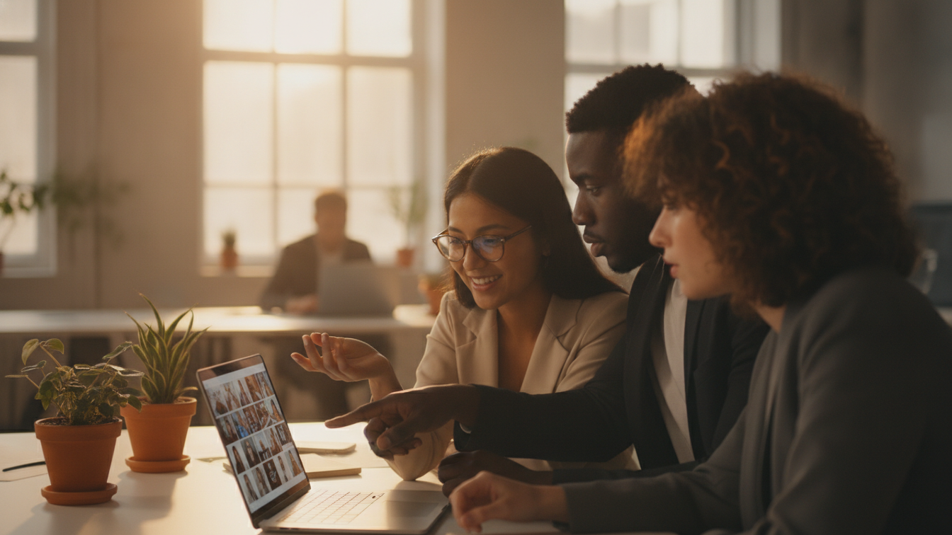 Three diverse colleagues collaborating around a laptop while reviewing video footage